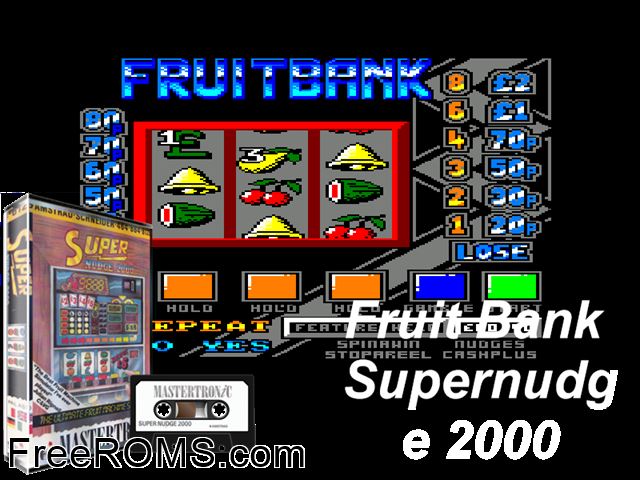 Fruit Bank Supernudge 2000 (UK) (1989) [a1] Amstrad CPC game showing 3D box cover and gameplay screenshot